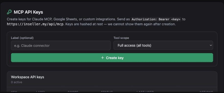 Inseller MCP API Keys panel with label field, tool scope dropdown and Create key button
