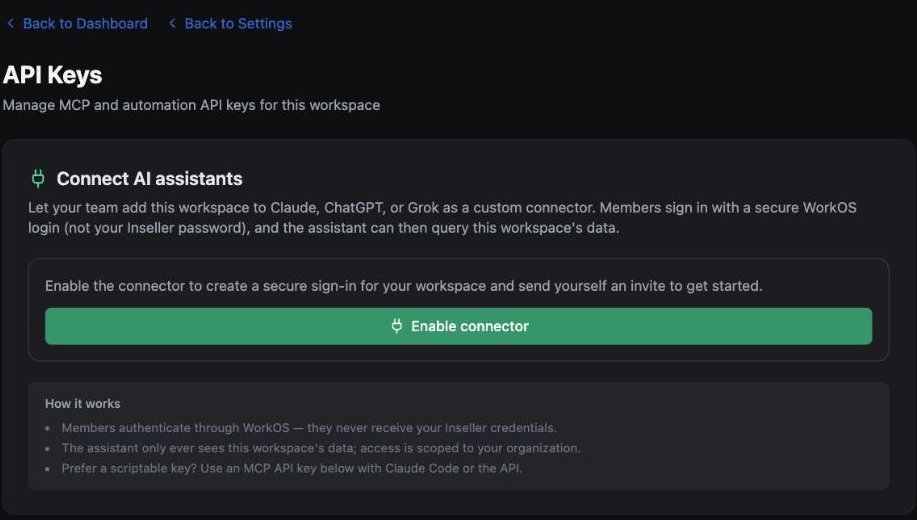 Inseller API Keys page with the Connect AI assistants panel and its Enable connector button