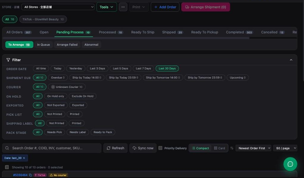 Inseller Order Processing showing status tabs with counts, sub-tabs for arranging shipments, and a filter panel for shipment due, courier, pick list, shipping label and pack stage