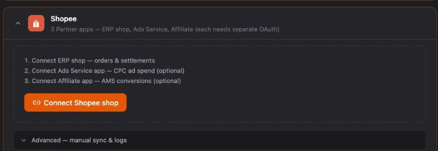 Shopee card in Inseller Integrations listing the three partner apps and the Connect Shopee shop button