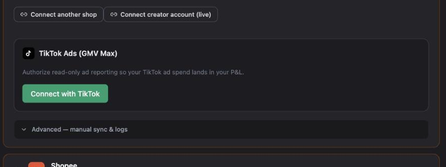 Connect another shop button above the TikTok Ads GMV Max card with its Connect with TikTok button