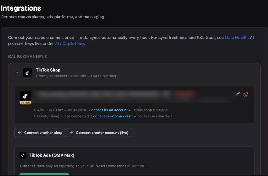 Inseller Integrations page header with the TikTok Shop card and the Connect another shop button