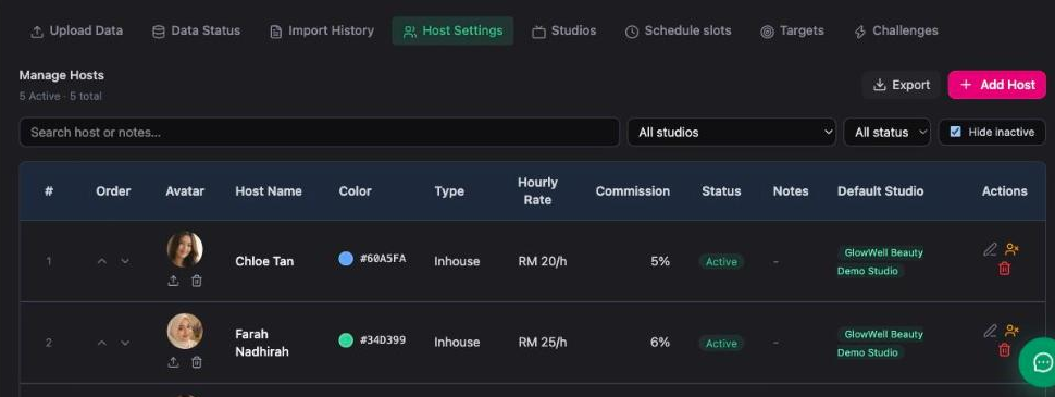 Inseller Manage Hosts table with add host button, and columns for order, avatar, host name, colour, type, hourly rate, commission, status, notes and default studio