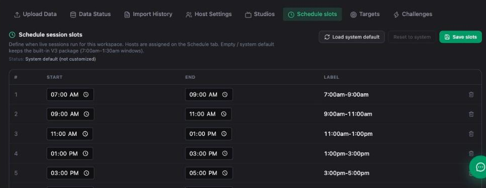 Inseller Schedule session slots editor with start, end and label columns, and buttons to load the system default, reset, or save slots