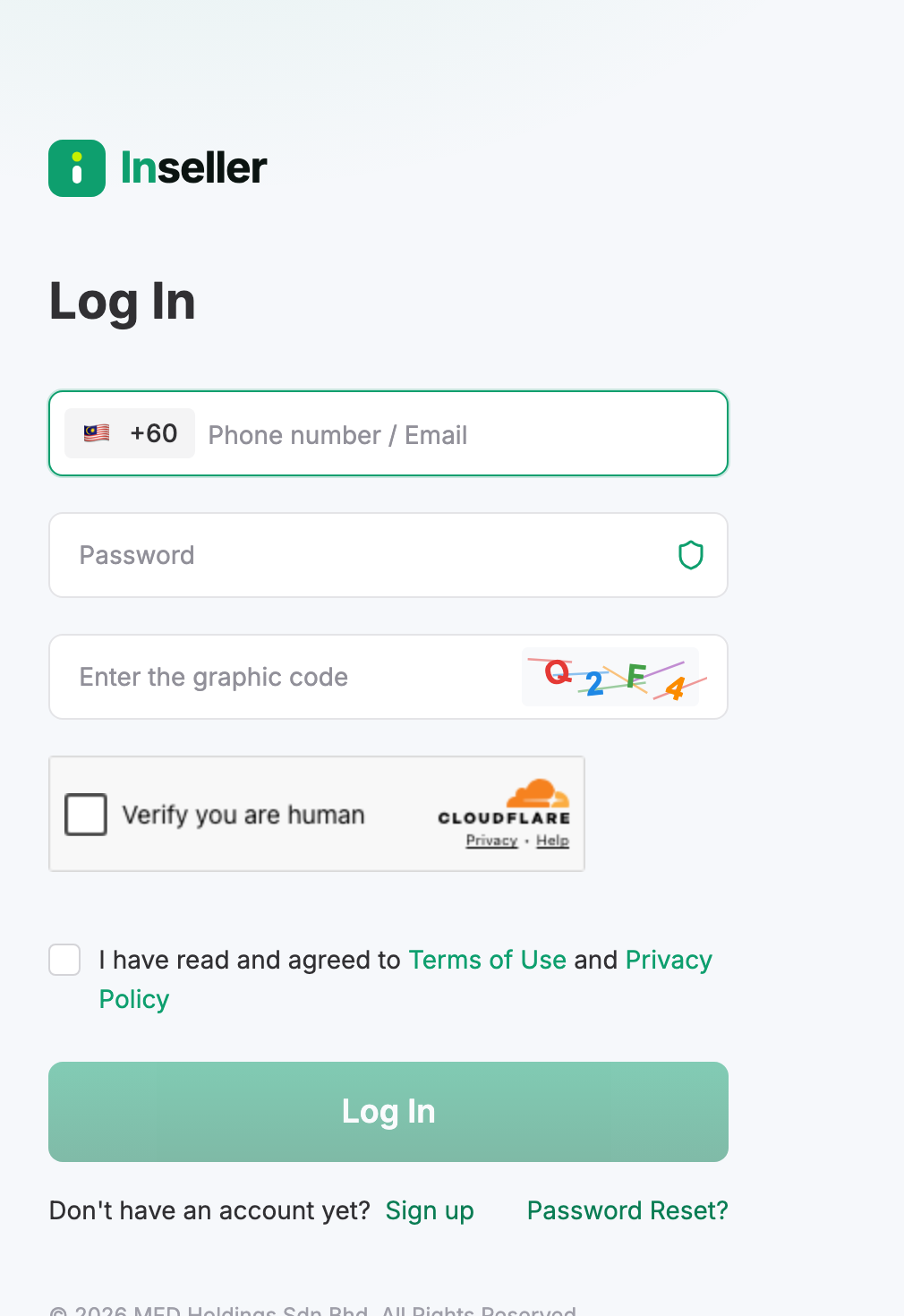 The Inseller Log In form with a phone-or-email field, password, a graphic code challenge, a human check, the terms checkbox, the Log In button and links to sign up or reset the password
