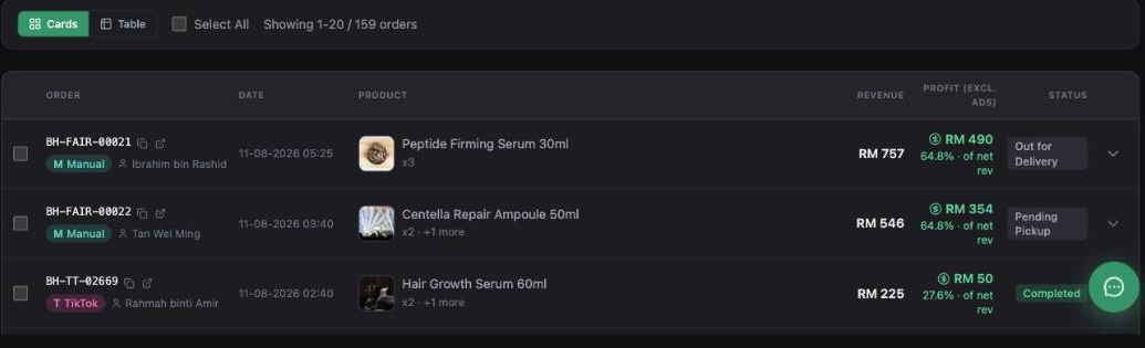 Inseller Orders page listing synced orders with platform badges, revenue and profit per order