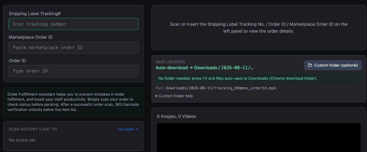 Inseller Pack Assistant with fields for scanning a shipping label tracking number, marketplace order ID or order ID, an explanation of the scan-then-verify flow, scan history and the auto-download save location for recordings