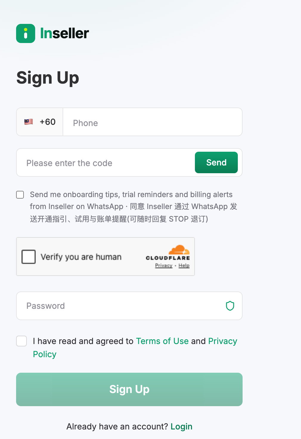 The Inseller Sign Up form: phone with a +60 prefix, verification code field with a Send button, an optional WhatsApp opt-in, a Cloudflare human check, a password field, the terms checkbox and the Sign Up button