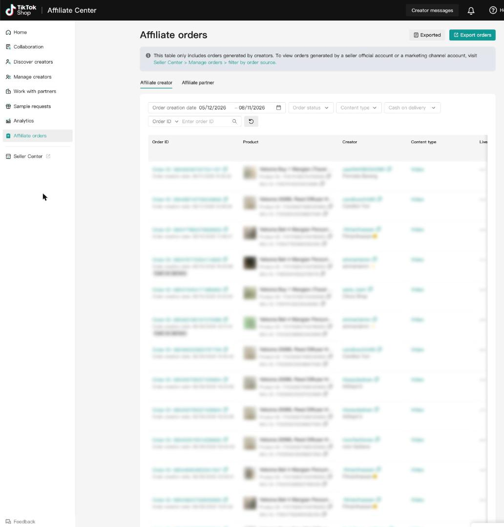 TikTok Affiliate Center Affiliate orders page with the Export orders button and the order creation date range filter